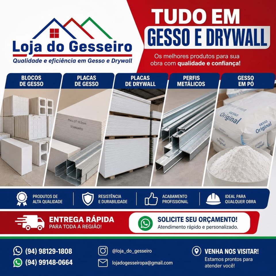 Loja do Gesseiro: Tudo em Gesso e Drywall. Blocos de gesso, placas de gesso, placas de drywall, perfis metálicos e gesso em pó. Acabamento profissional, entrega rápida para toda a região e orçamento pelo WhatsApp.