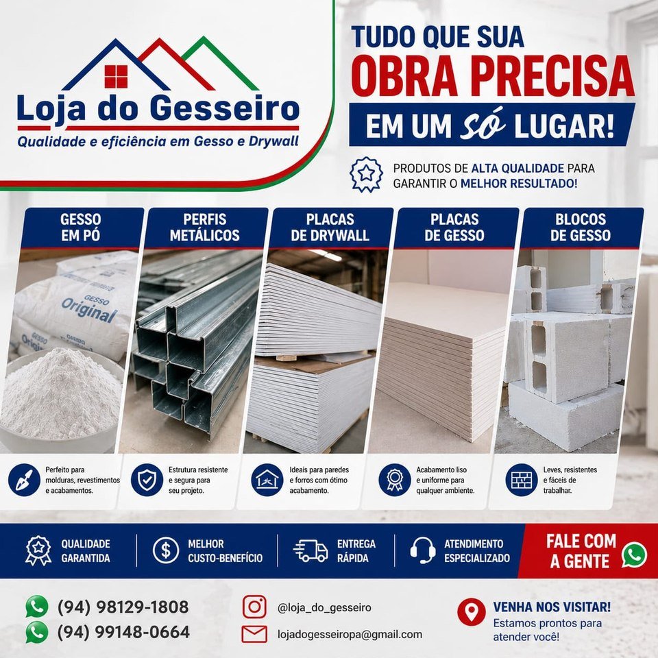 Loja do Gesseiro: Tudo que sua obra precisa em um só lugar. Gesso em pó para molduras e revestimentos, perfis metálicos, placas de drywall, placas de gesso e blocos de gesso. Qualidade garantida, melhor custo-benefício, entrega rápida e atendimento especializado.